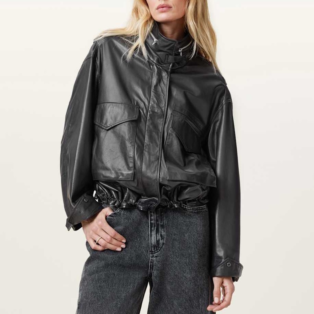 ALLSAINTS Clay Funnel Neck Cropped Leather Jacket